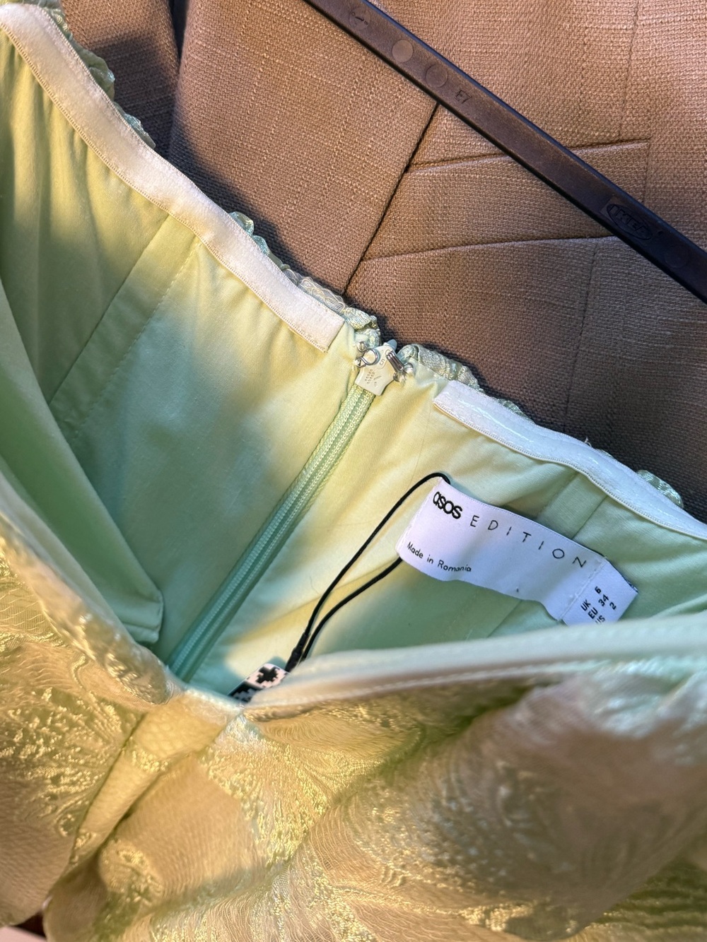 ASOS EDITION jacquard off the shoulder mini dress in light green - Picture 9 of 9